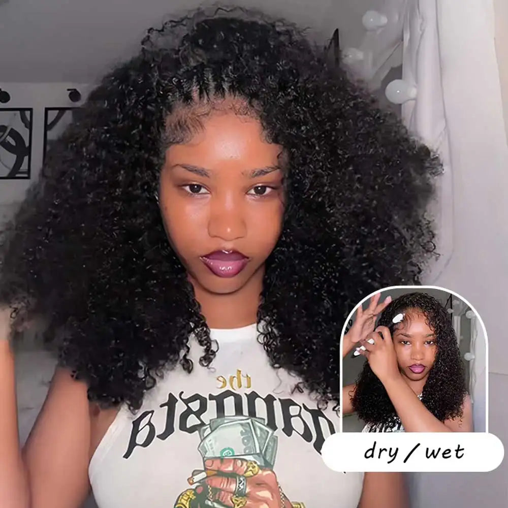 Jerry Curly Half Wig Human Hair Seamless Kinky Curly 3 In 1 Half Wig Glueless Heandband Clip In Wig No Sew In Black Color