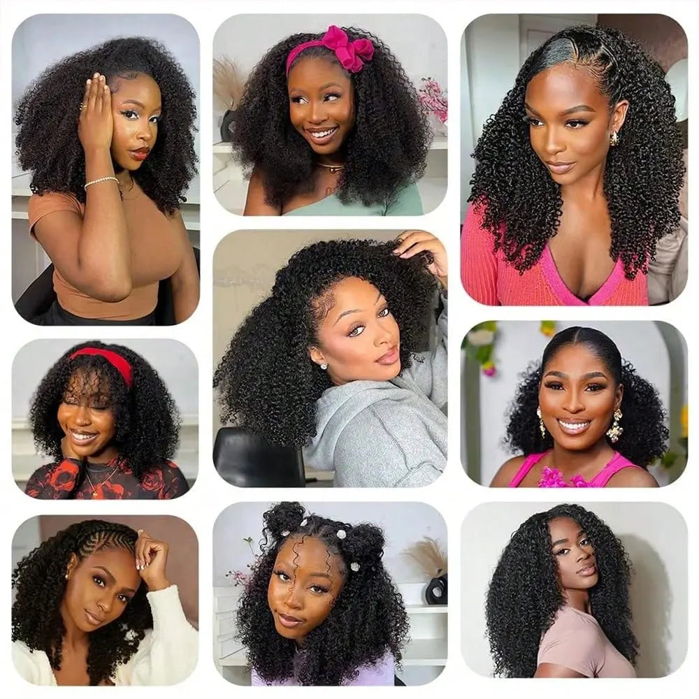 Jerry Curly Half Wig Human Hair Seamless Kinky Curly 3 In 1 Half Wig  Glueless  Heandband Clip In Wig No Sew In Black Color