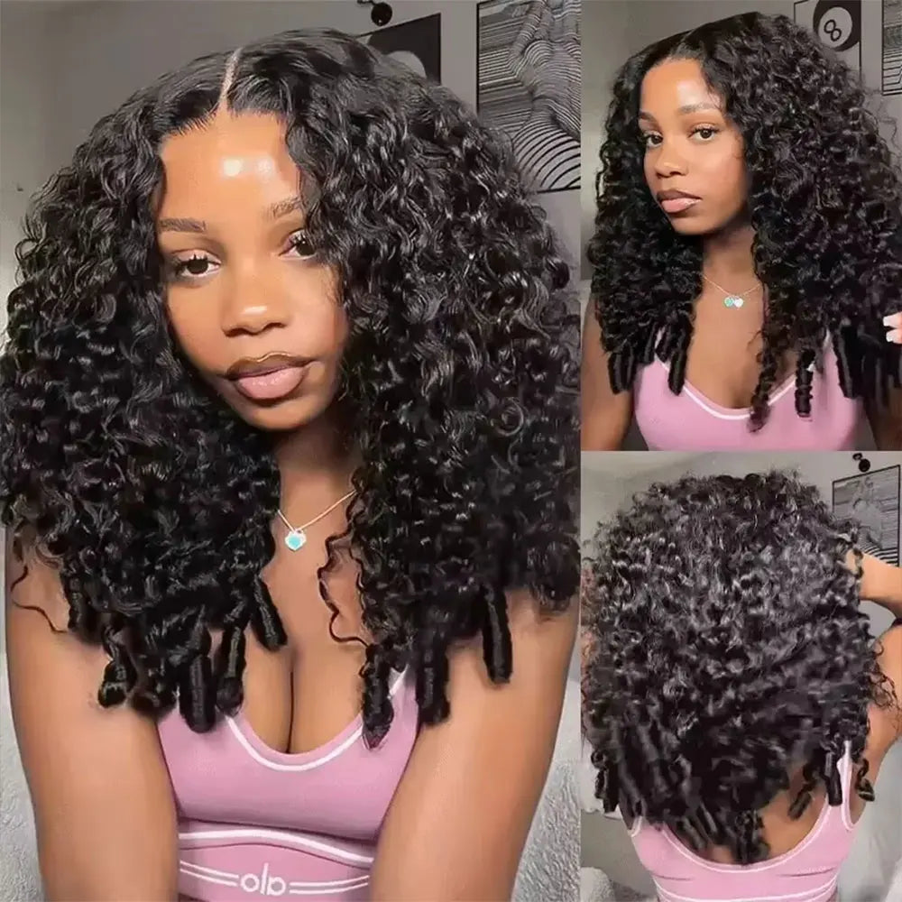 Jerry Curly Half Wig Human Hair Seamless Kinky Curly 3 In 1 Half Wig  Glueless  Heandband Clip In Wig No Sew In Black Color