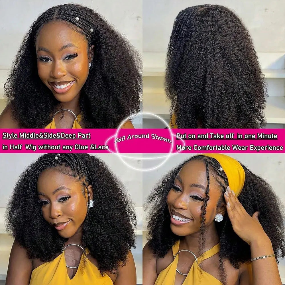 Jerry Curly Half Wig Human Hair Seamless Kinky Curly 3 In 1 Half Wig  Glueless  Heandband Clip In Wig No Sew In Black Color