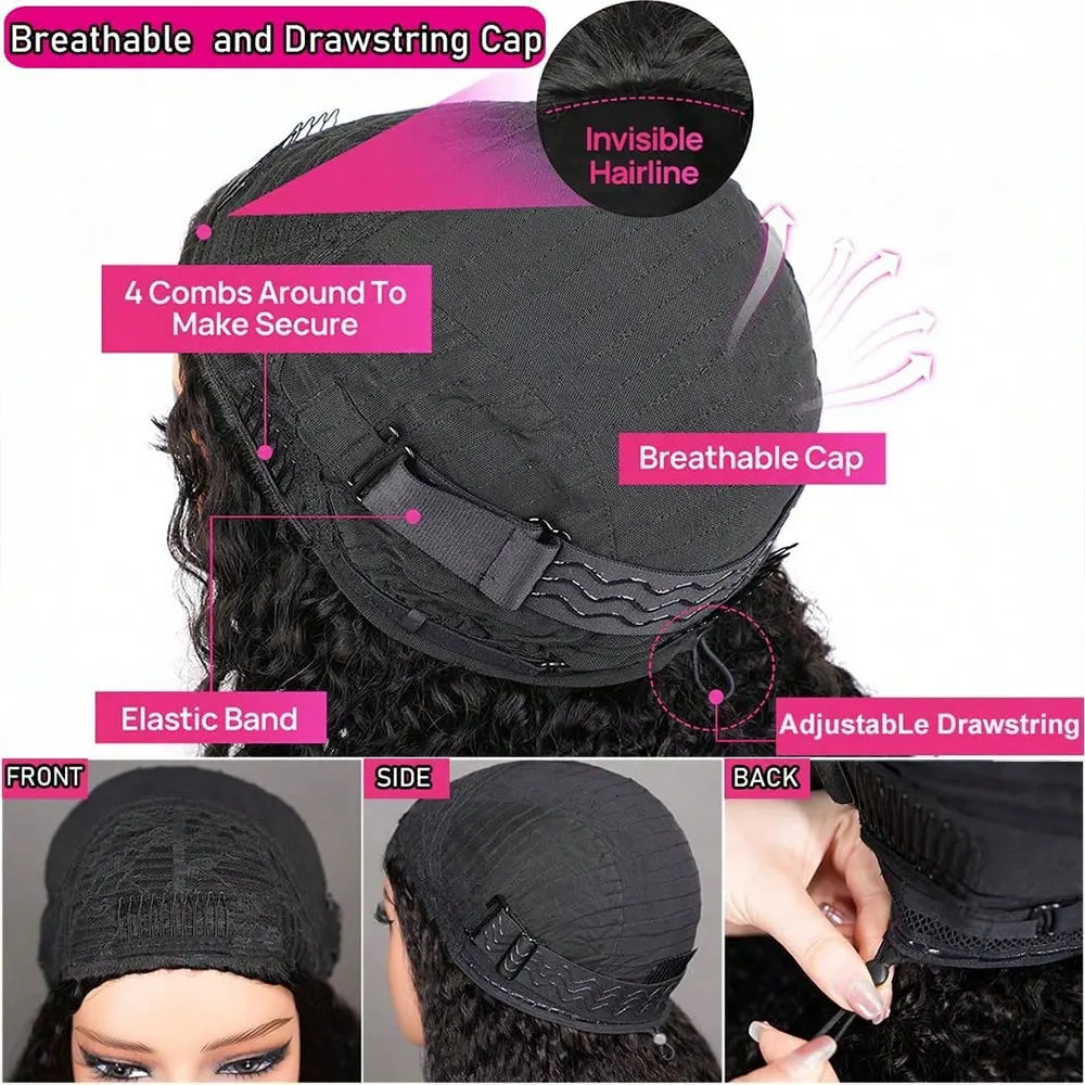 Jerry Curly Half Wig Human Hair Seamless Kinky Curly 3 In 1 Half Wig  Glueless  Heandband Clip In Wig No Sew In Black Color