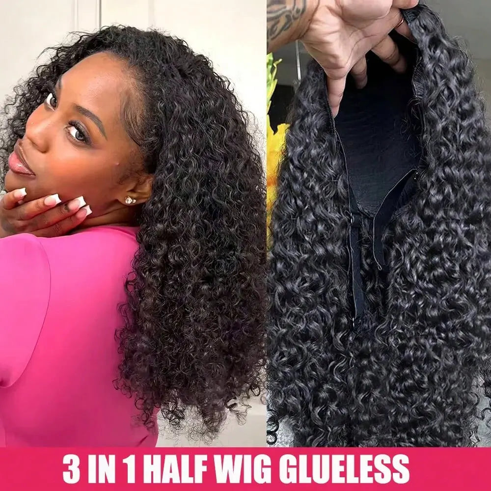 Jerry Curly Half Wig Human Hair Seamless Kinky Curly 3 In 1 Half Wig  Glueless  Heandband Clip In Wig No Sew In Black Color